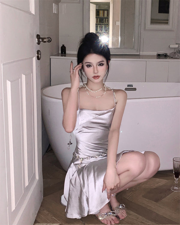 SATIN SILVER SLIP DRESS KF83755