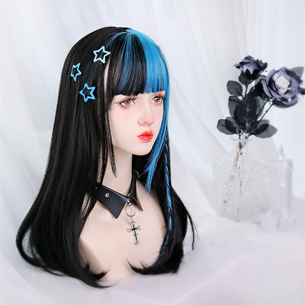 Black and blue long straight hair  KF70121
