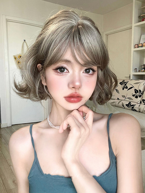 Linen gray brown short curly wig  KF70159