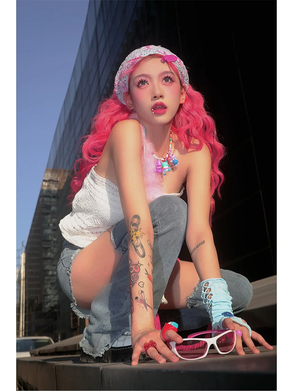 pink long curly hair  KF11022