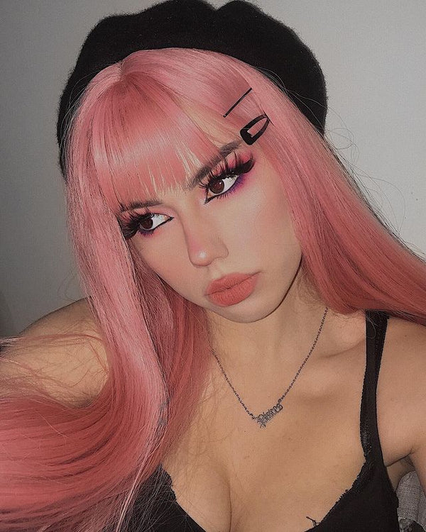 Pink long straight wig KF20152