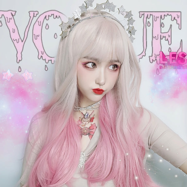 Pink gradient long curly wig KF81778