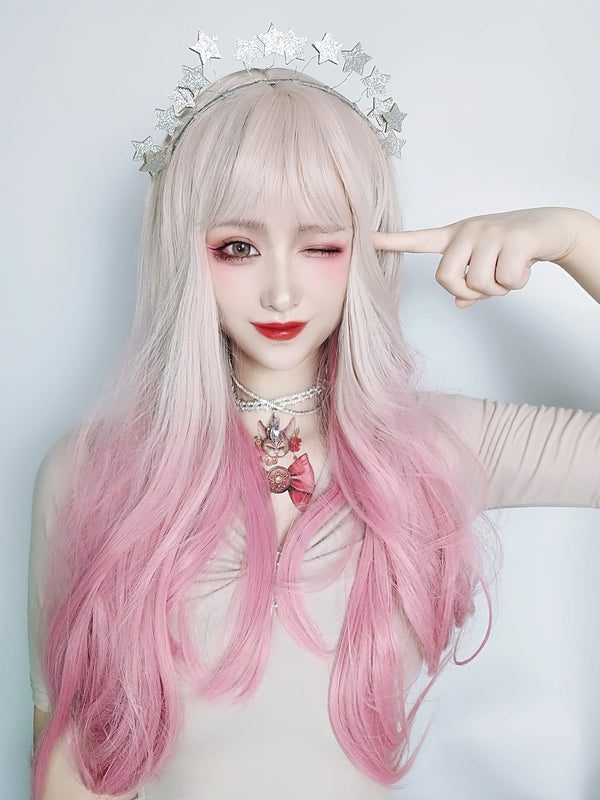 Pink gradient long curly wig KF81778