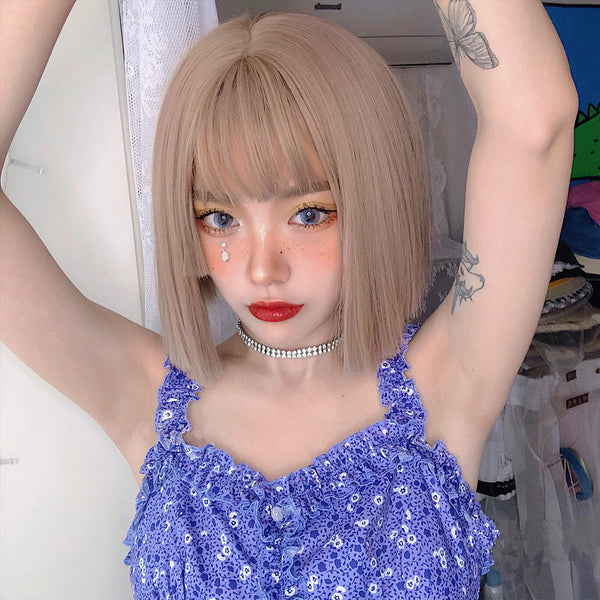 Milk tea short straight wig KF81665