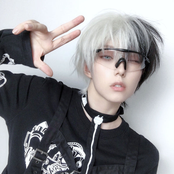 Black and white short wig KF81642