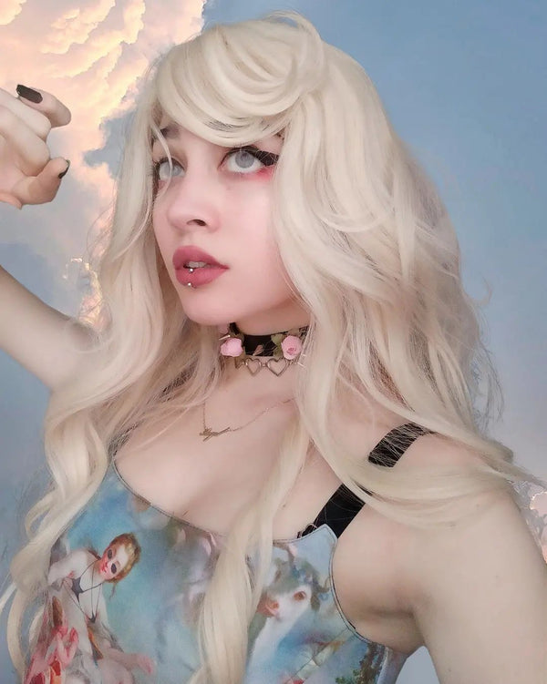 Milky white golden long curly wig KF82144
