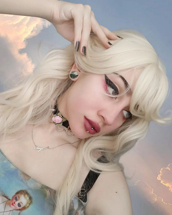 Milky white golden long curly wig KF82144