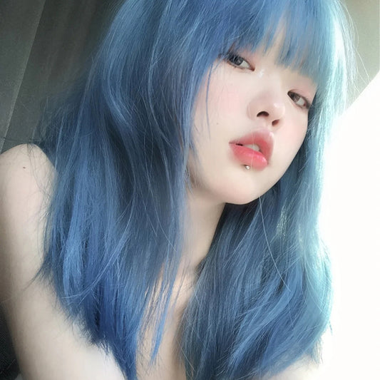 Blue purple long curly hair wig KF82427