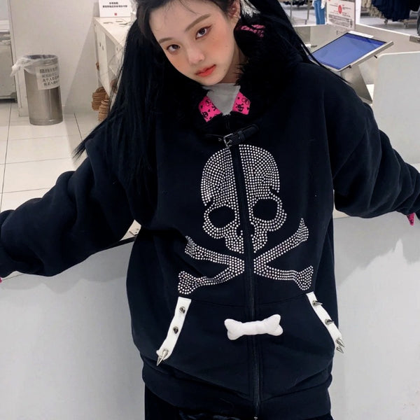 Skull loose fleece hoodie   KF70324
