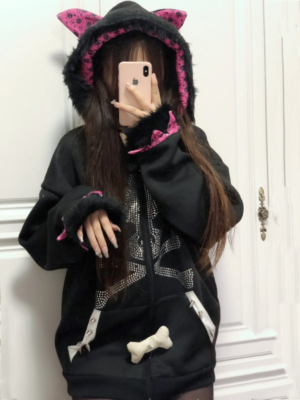 Skull loose fleece hoodie   KF70324