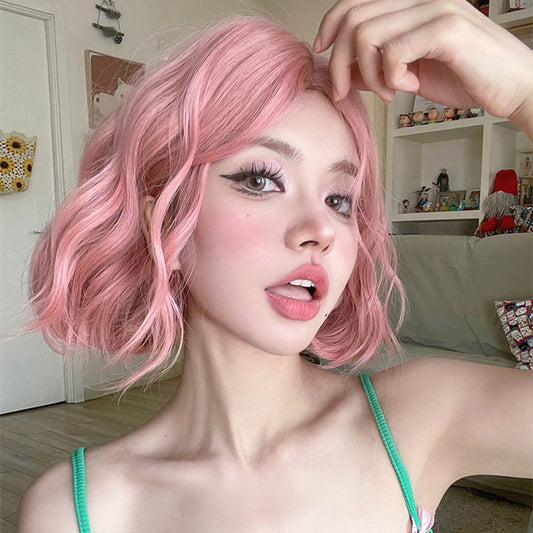 pink short curly wig  KF70157