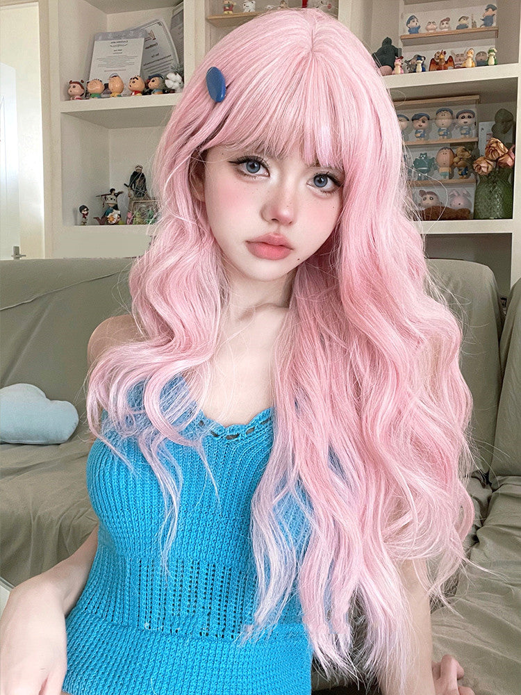 Pink long curly wig KF81694