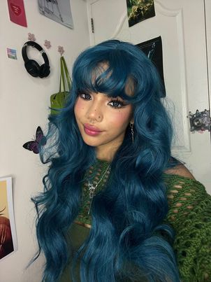 Blue green long curly wig KF82138