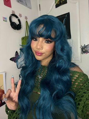 Blue green long curly wig KF82138