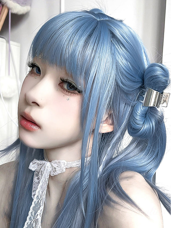 BLUE GRAY LONG STRAIGHT FLUFFY WIG  KF40472