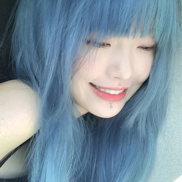 Blue purple long curly hair wig KF82427