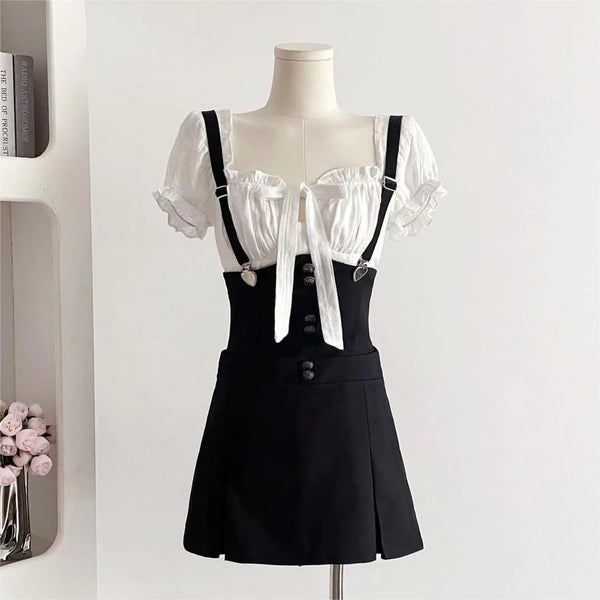 Puff sleeve suspender dress  KF83734