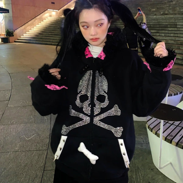 Skull loose fleece hoodie   KF70324