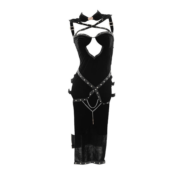 Dark Hollow Slit Cheongsam Dress  KF83944
