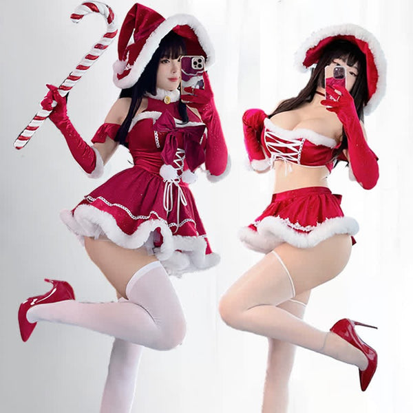 Christmas Lace Up Velvet Lingerie Set  KF705740