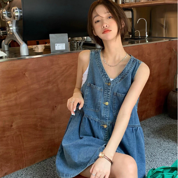 sweet denim suspender dress KF83880