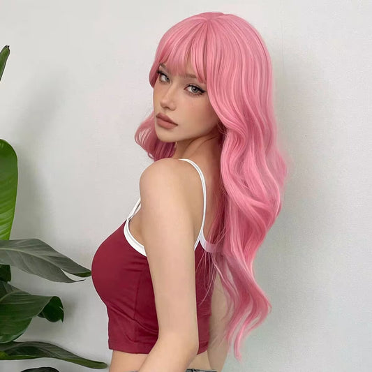 Pink long curly wig KF81507