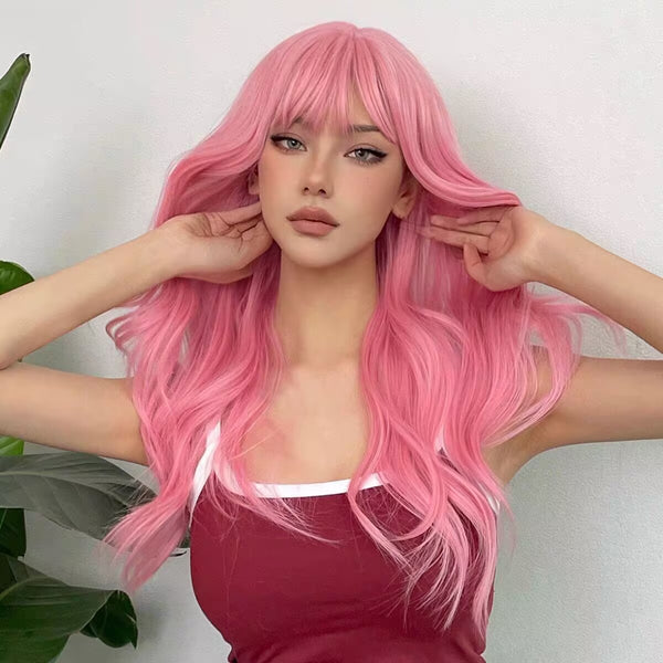 Pink long curly wig KF81507