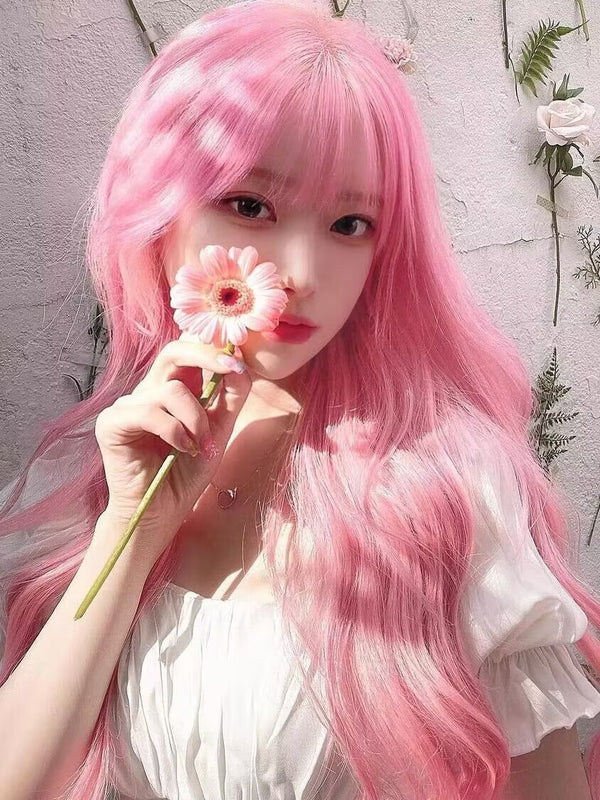 Pink long curly wig KF81507