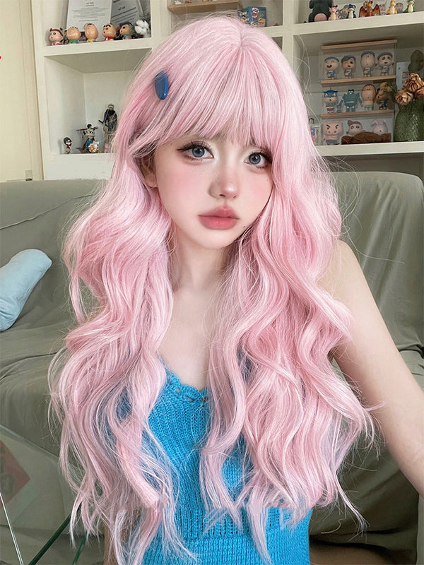 Pink long curly wig KF81461