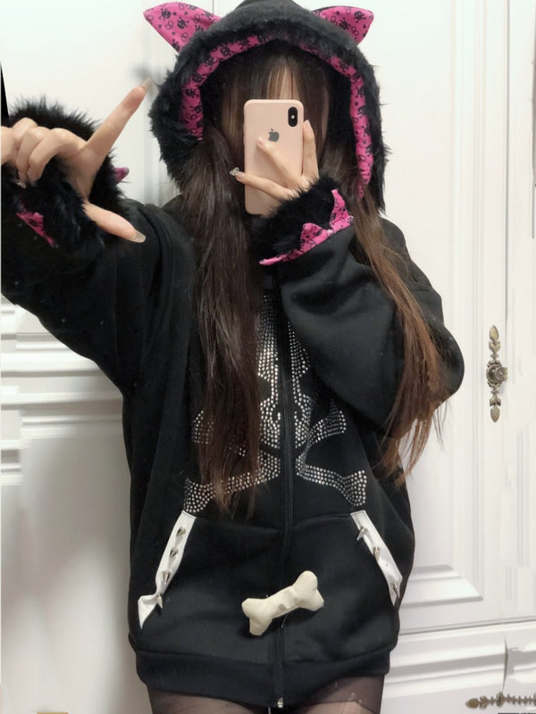 Skull loose fleece hoodie   KF70324