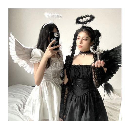 Halloween black and white little angel dress   KF70417