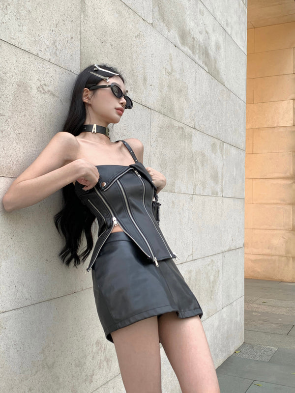 black leather vest tube tops  KF83917