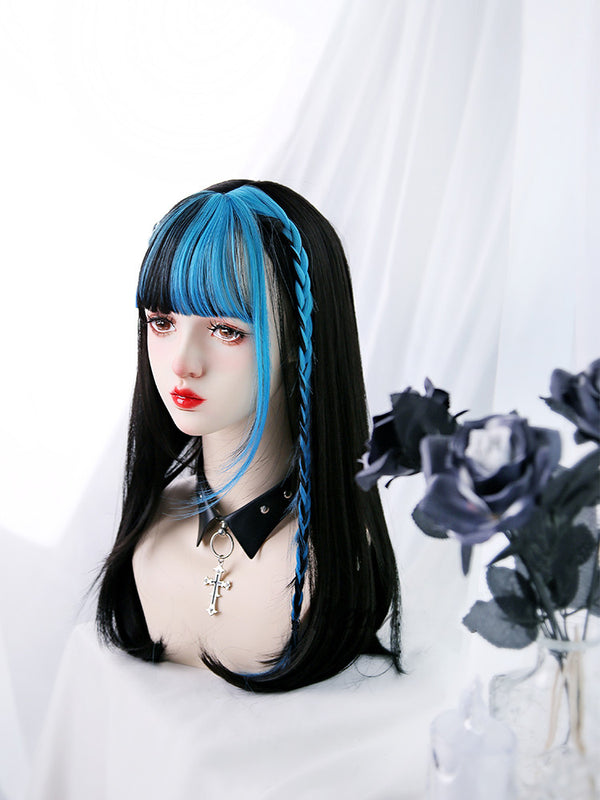 Black and blue long straight hair  KF70121