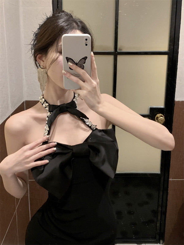 Hollow strapless black dress    KF705673