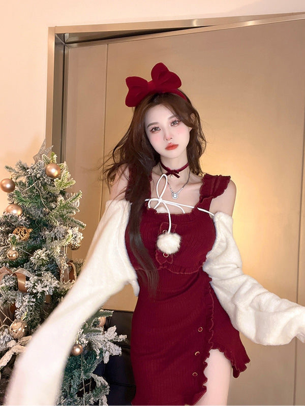 Christmas red suspender dress  KF70428