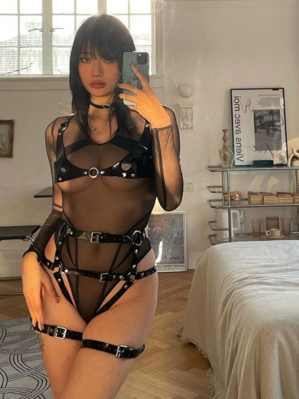 Mesh paneled leather suit  KF705782