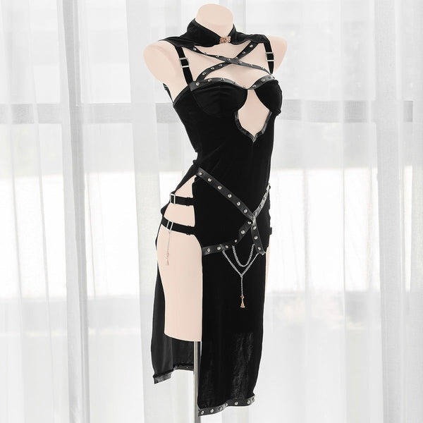 Dark Hollow Slit Cheongsam Dress  KF83944