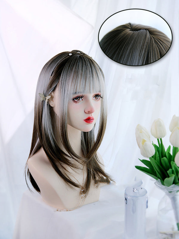 Silver gray long straight wig  KF70124