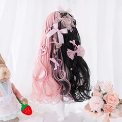 Black pink long curly wig KF81474