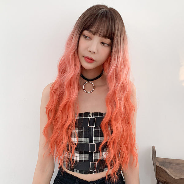 Coral orange gradient long curly wig  KF7614