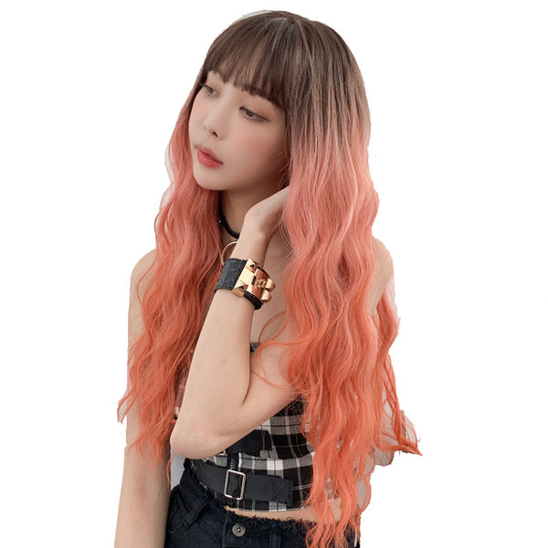 Coral orange gradient long curly wig  KF7614