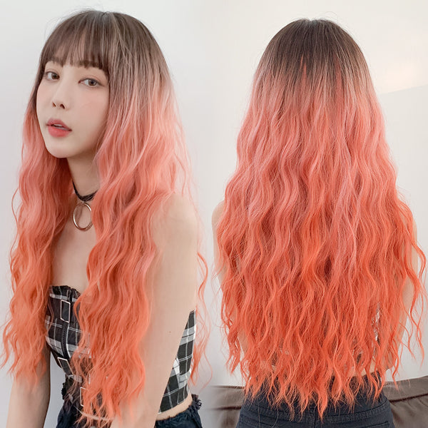 Coral orange gradient long curly wig  KF7614