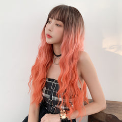 Coral orange gradient long curly wig  KF7614