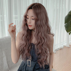 Pink brown long curly hair wig  KF81133