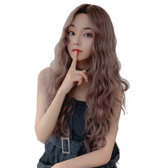 Pink brown long curly hair wig  KF81133