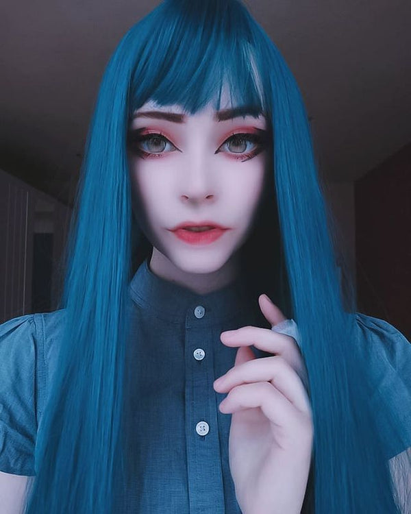 Blue green long straight wig KF81505