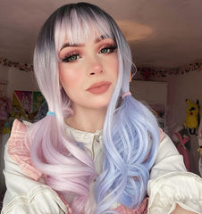 Pink blue long curly wig KF81672