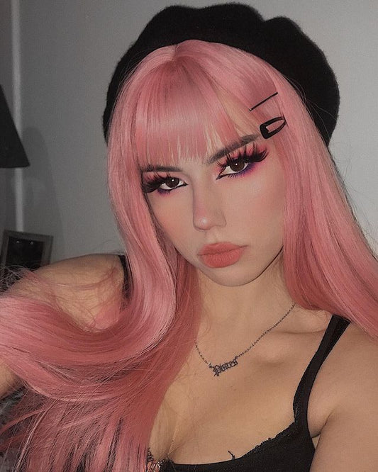 Pink long straight wig KF20152
