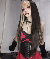 Black and yellow long straight wig KF81746