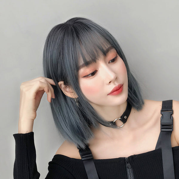 Cyan gray short straight hair wig  KF90091